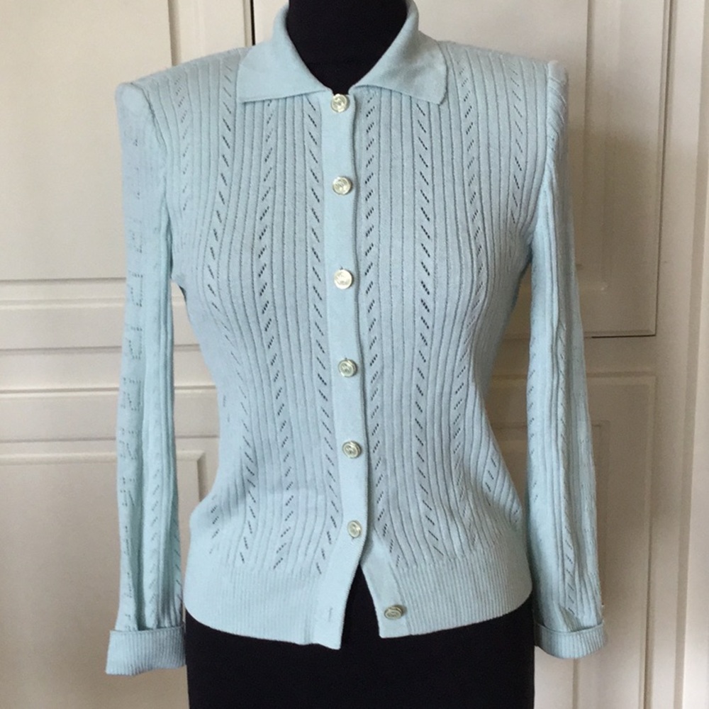 St. John Aqua Cardigan with Gold Buttons